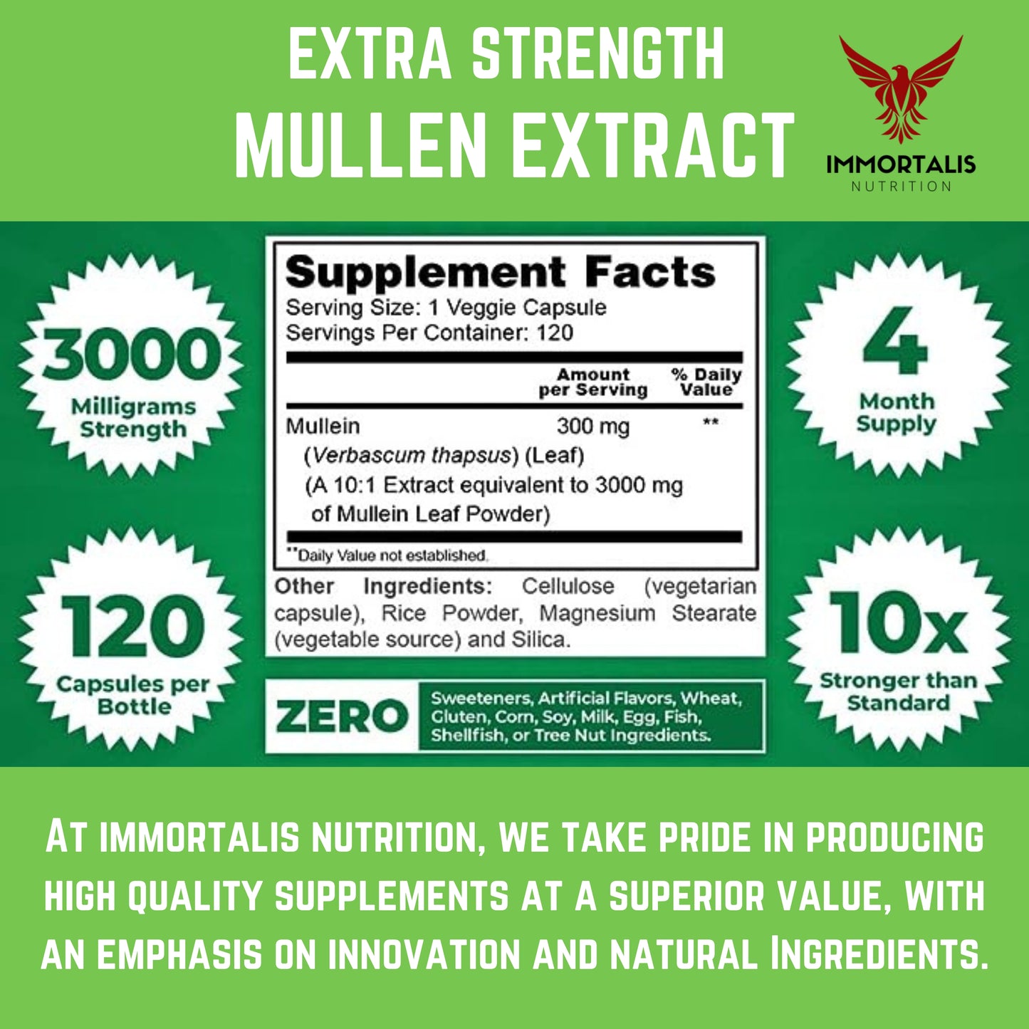 Immortalis Nutrition Extra Strength Mullein 10:1 Extract, 3000 mg Strength, 120 Vegan Capsules, 100% Pure Leaf Powder, Non-GMO and All-Natural